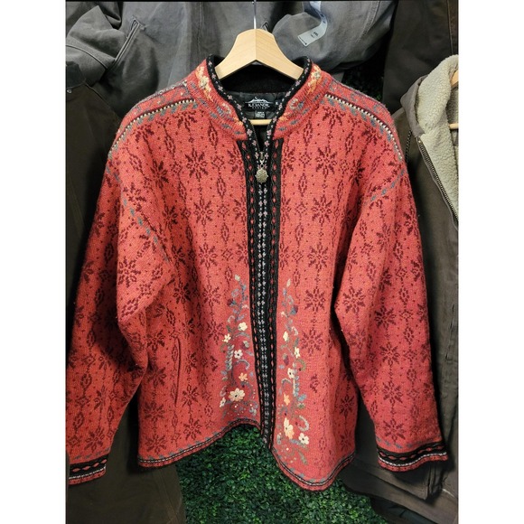 Other - vtg 90s ICELANDIC DESIGN ZIP Up Cardigan xl // red wool floral winter autumn